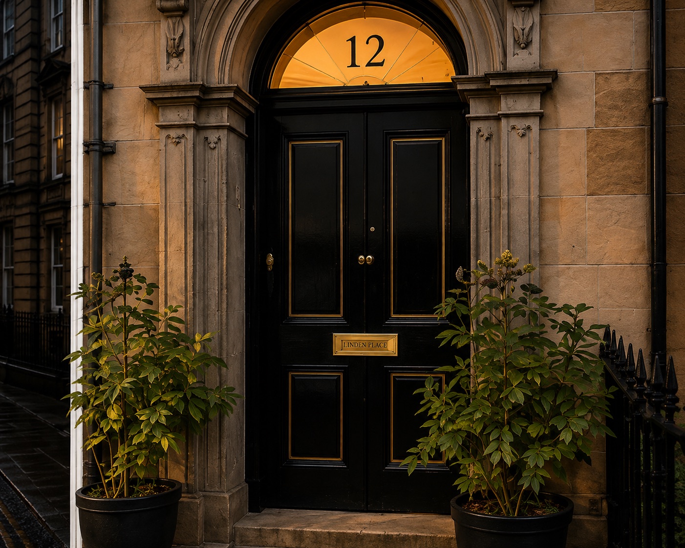 A black Glasgow tenement door with a brass numberplate