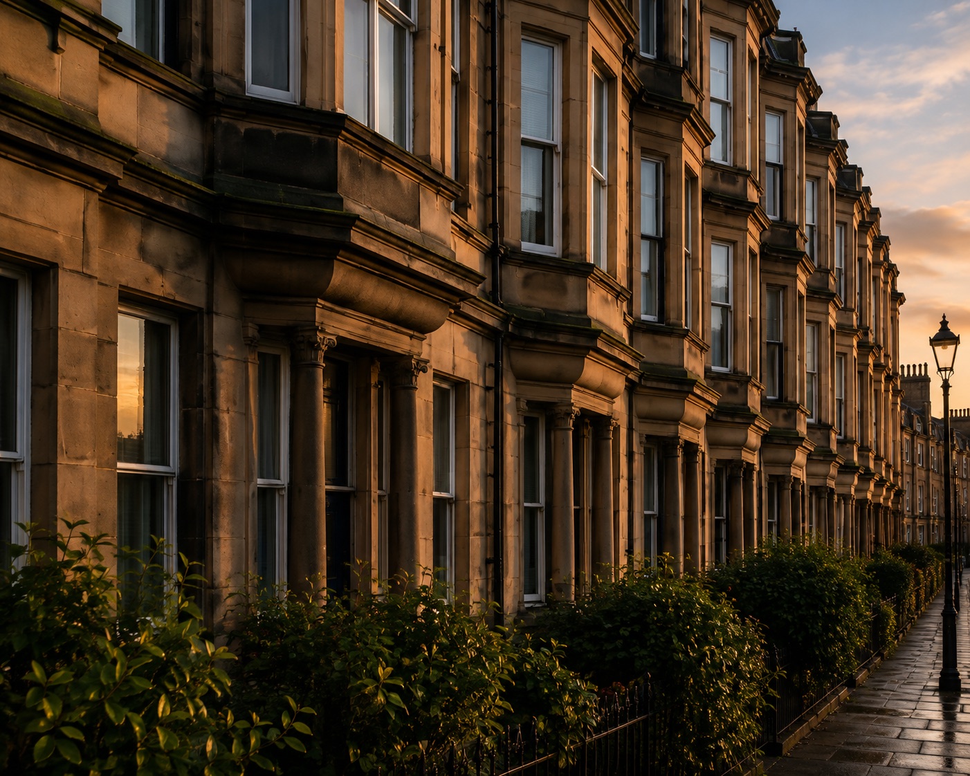 A row of sunlit Glasgow sandstone tenements